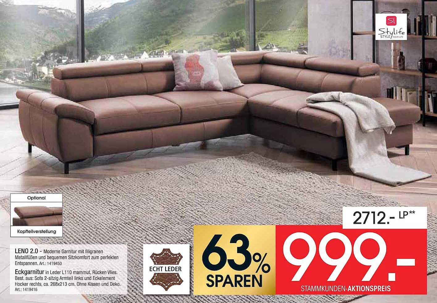 LENO 2.0 - Moderne Garnitur mit filigranen Metallfüßen und bequemen Sitzkomfort zum perfekten Entspannen. Art.: 1419450 Eckgarnitur in Leder L110 mammut, Rücken Vlies. Best. aus: Sofa 2-sitzig Armteil links und Eckelement Hocker, ca. 268x213 cm. Ohne Kiss