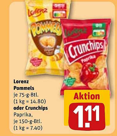 Lorenz Pommels je 75-g-Btl. (1 kg = 14.80) oder Crunchips Paprika, je 150-g-Btl. (1 kg = 7.40)