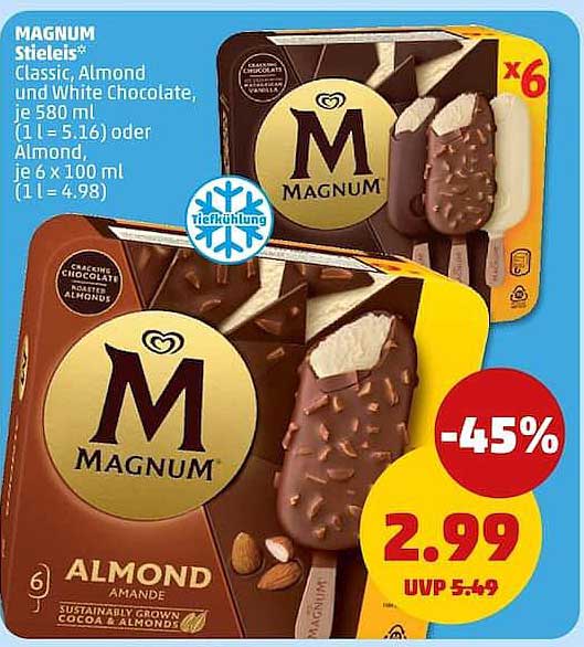MAGNUM Stieleis* Classic, Almond und White Chocolate, je 580 ml (1 l = 5.16) oder Almond, je 6 x 100 ml (1 l = 4.98)