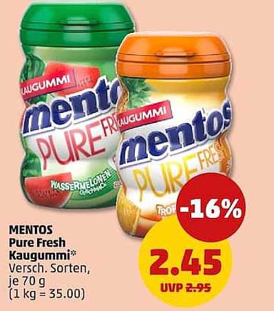 MENTOS Pure Fresh Kaugummi* Versch. Sorten, je 70 g (1 kg = 35.00)