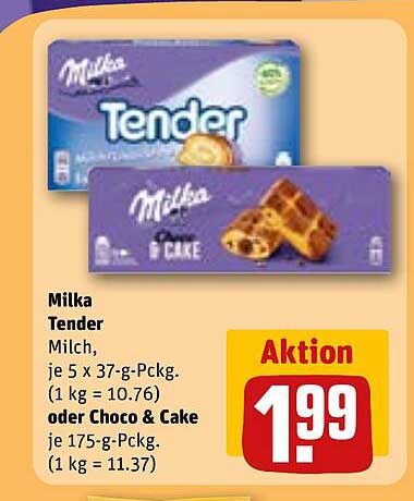Milka Tender Milch, je 5 x 37-g-Pckg. (1 kg = 10.76) oder Choco & Cake 175-g-Pckg. (1 kg = 11.37)