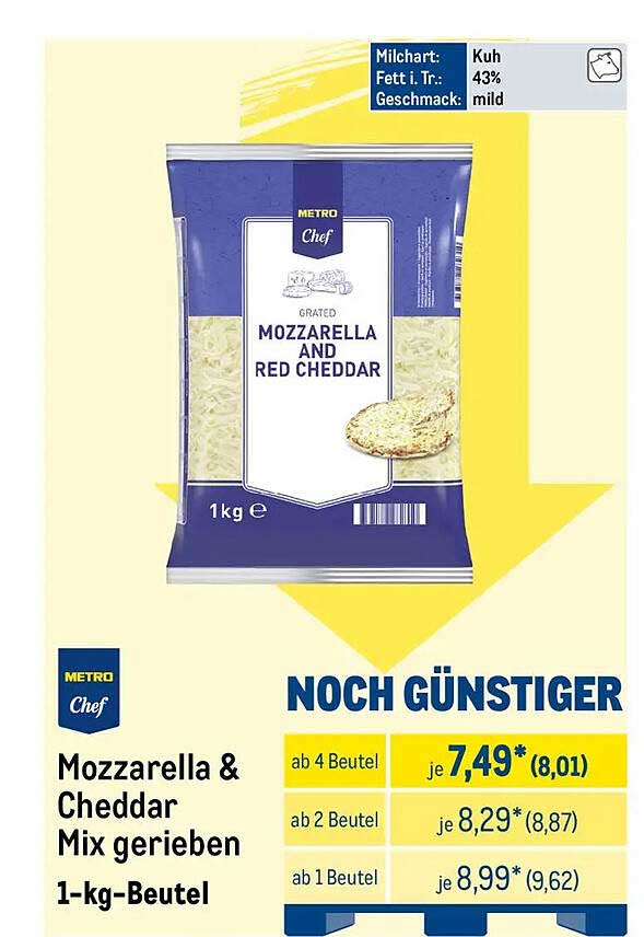 Mozzarella & Cheddar Mix gerieben 1-kg-Beutel