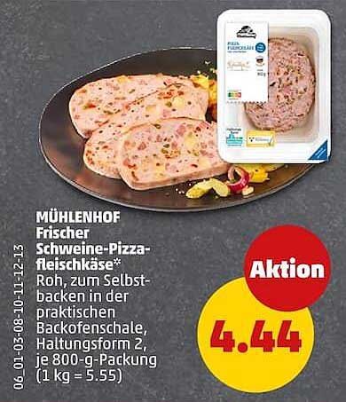 MÜHLENHOF Frischer Schweine-Pizza-fleischkäse* Roh, zum Selbstbacken in der praktischen Backofenschale, Haltungsform 2, je 800-g-Packung (1 kg = 5.55)