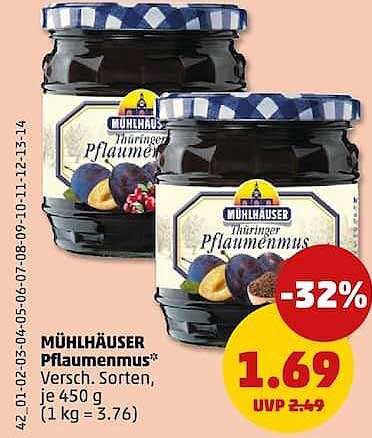 MÜHLHÄUSER Pflaumenmus* Versch. Sorten, je 450 g (1 kg = 3.76)