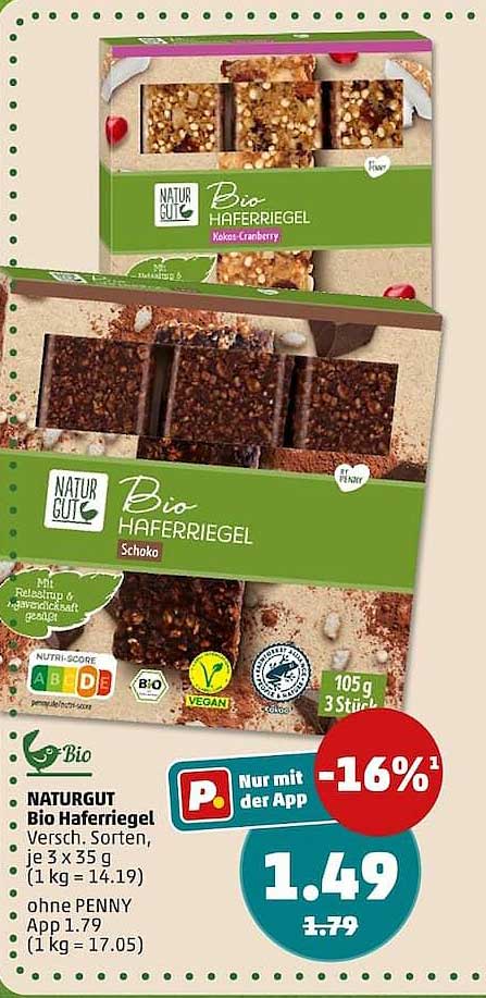 Naturgut Bio Haferriegel Versch. Sorten, je 3 x 35 g (1 kg = 14.19)
