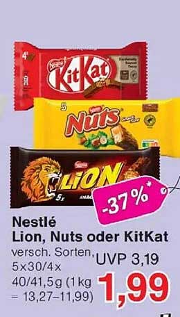 Nestlé Lion, Nuts oder KitKat versch. Sorten, 5 x 30/4 x 40/41,5 g (1 kg = 13,27–11,99)