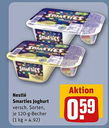 Nestlé Smarties Joghurt versch. Sorten, je 120-g-Becher (1 kg = 4.92)