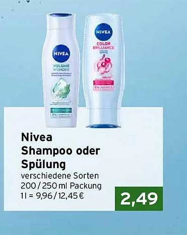 Nivea Shampoo oder Spülung verschiedene Sorten 200 / 250 ml Packung 1l = 9,96 / 12,45 €