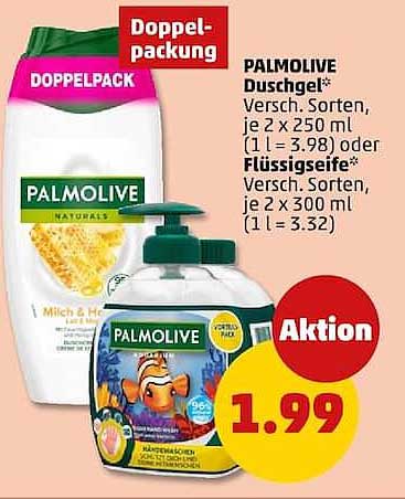 PALMOLIVE Duschgel* Versch. Sorten, je 2 x 250 ml (1 l = 3.98) oder Flüssigseife* Versch. Sorten, je 2 x 300 ml (1 l = 3.32)