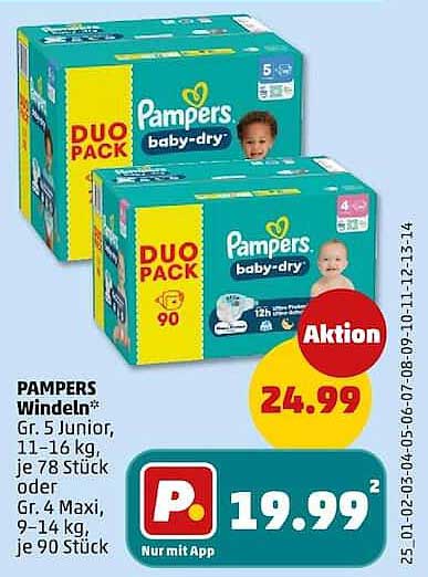 PAMPERS Windeln* Gr. 5 Junior, 11–16 kg, je 78 Stück oder Gr. 4 Maxi, 9–14 kg, je 90 Stück