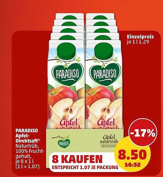 PARADISO Apfel-Direktsaft* naturtrüb, 100% Fruchtgehalt, je 8 x 1 l (1 l = 1.07)