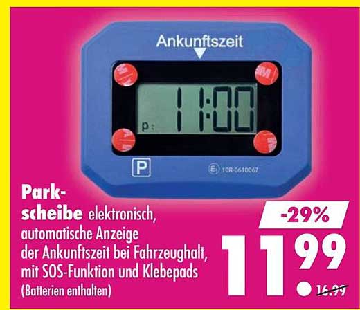 Parkscheibe elektronisch, automatische Anzeige der Ankunftszeit bei Fahrzeughalt, mit SOS-Funktion und Klebepads (Batterien enthalten)
