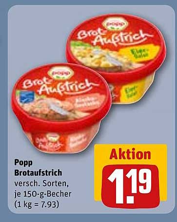 Popp Brotaufstrich versch. Sorten, je 150-g-Becher (1 kg = 7.93)