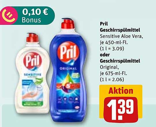 Pril Geschirrspülmittel Sensitive Aloe Vera, je 450-ml-Fl. (1 l = 3.09) oder Geschirrspülmittel Original, je 675-ml-Fl. (1 l = 2.06)