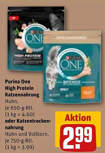 Purina One High Protein Katzennahrung Huhn, je 650-g-Btl. (1 kg = 4.60) oder Katzentrocken-nahrung Huhn und Vollkorn, je 750-g-Btl. (1 kg = 3.99)