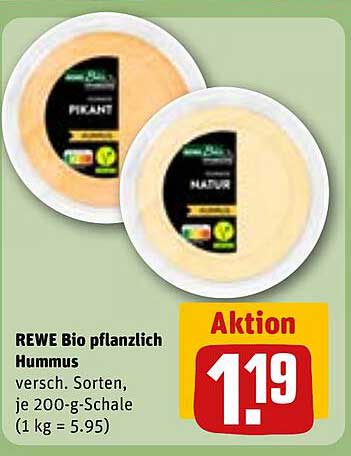 REWE Bio pflanzlich Hummus versch. Sorten, je 200-g-Schale (1 kg = 5.95)