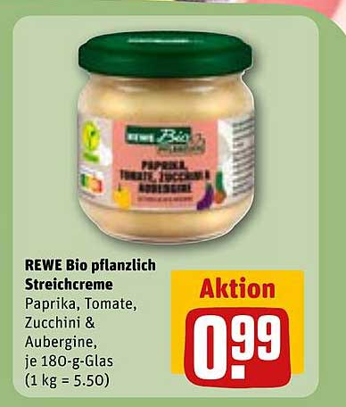 REWE Bio pflanzlich Streichcreme Paprika, Tomate, Zucchini & Aubergine, je 180-g-Glas (1 kg = 5.50)