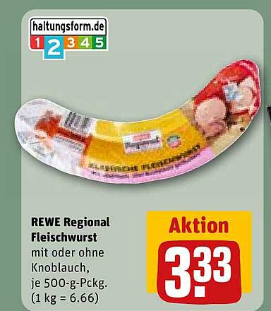REWE Regional Fleischwurst mit oder ohne Knoblauch, je 500-g-Pckg. (1 kg = 6.66)