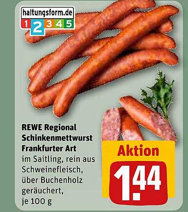 REWE Regional Schinkenwurst Frankfurter Art im Saitling, rein aus Schweinefleisch, über Buchenholz geräuchert, je 100 g