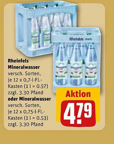 Rheinfels Mineralwasser versch. Sorten, je 12 x 0,7-l-Fl.-Kasten (1 l = 0.57) zzgl. 3.30 Pfand oder Mineralwasser versch. Sorten, je 12 x 0,75-l-Fl.-Kasten (1 l = 0.53) zzgl. 3.30 Pfand