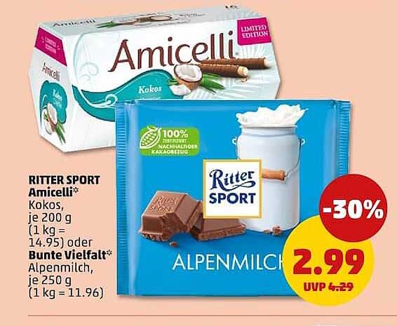 RITTER SPORT Amicelli® Kokos, je 200 g (1 kg = 14.95) oder Bunte Vielfalt* Alpenmilch, je 250 g (1 kg = 11.96)