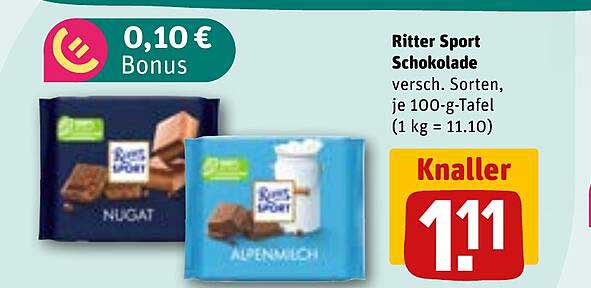 Ritter Sport Schokolade versch. Sorten, je 100-g-Tafel (1 kg = 11.10)