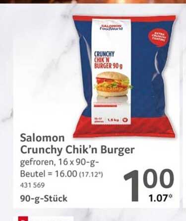 Salomon Crunchy Chik’n Burger gefroren, 16 x 90-g-Beutel = 16.00 (17.12*) 431 569 90-g-Stück