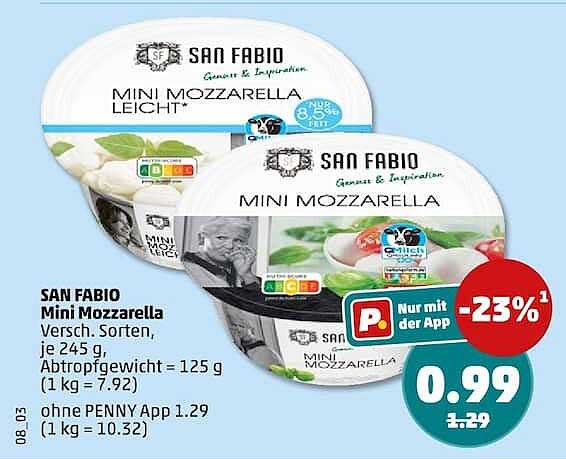 SAN FABIO Mini Mozzarella Versch. Sorten, je 245 g Abtropfgewicht = 125 g (1 kg = 7.92) ohne PENNY App 1.29 (1 kg = 10.32)