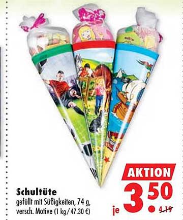 Schultüte gefüllt mit Süßigkeiten, 74 g, versch. Motive (1 kg / 47.30 €)