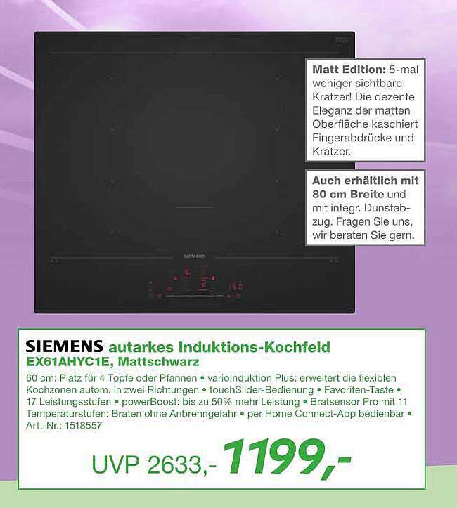 SIEMENS autarkes Induktions-Kochfeld EX61AHYC1E, Mattschwarz