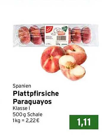 Spanien Plattpfirsiche Paraguayos Klasse I 500 g Schale 1kg = 2,22 €