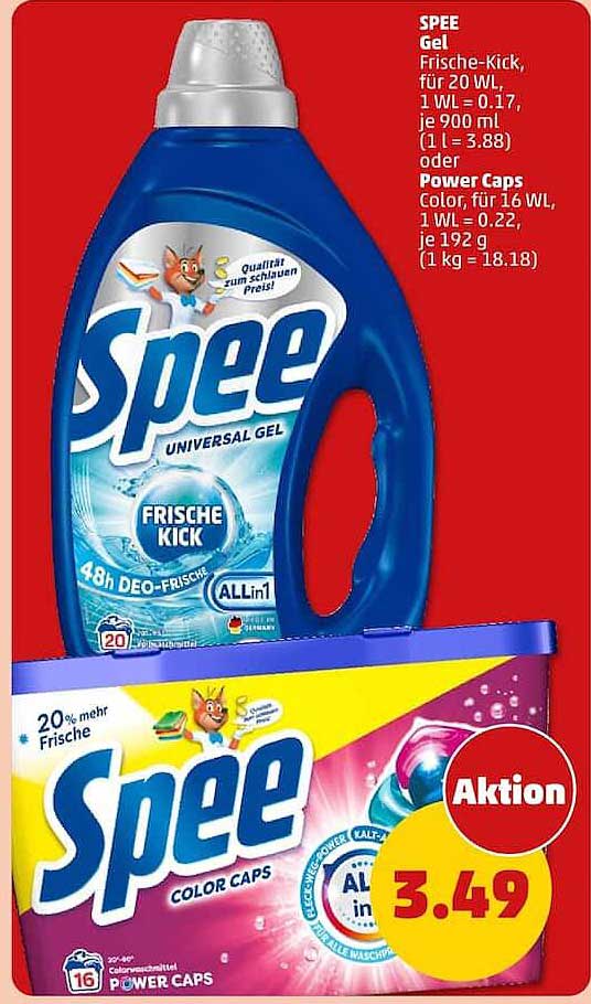 Spee Gel Frische-Kick, für 20 WL, 1 WL = 0,17, je 900 ml (1 l = 3.88) oder Power Caps Color, für 16 WL, 1 WL = 0.22, je 192 g (1 kg = 18.18)