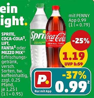 SPRITE, COCA-COLA, LIFT, FANTA³ oder MEZZO MIX* Erfrischungsgetränk, versch. Sorten, tw. koffeinhaltig, zzgl. 0.25 Pfand, je 1.25 l (1 l = 0.95)