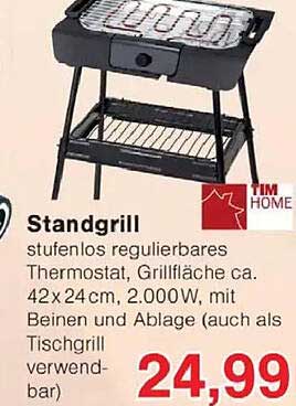 Standgrill stufenlos regulierbares Thermostat, Grillfläche ca. 42 x 24 cm, 2000W, mit Beinen und Ablage (auch als Tischgrill verwendbar)