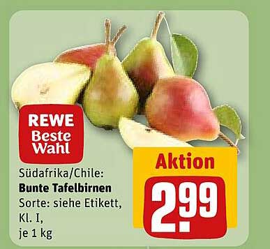 Südafrika/Chile: Bunte Tafelbirnen Sorte: siehe Etikett, Kl. I, je 1 kg