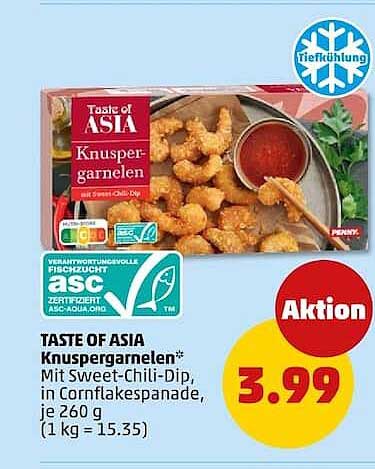 TASTE OF ASIA Knuspergarnelen* Mit Sweet-Chili-Dip, in Cornflakespanade, je 260 g (1 kg = 15.35)
