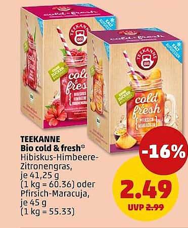 TEEKANNE Bio cold & fresh Hibiskus-Himbeere-Zitronengras, je 41,25 g (1 kg = 60.36) oder Pfirsich-Maracuja, je 45 g (1 kg = 55.33)