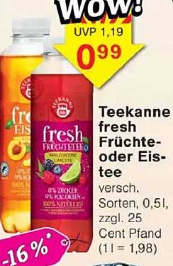 Teekanne fresh Früchte- oder Eistee versch. Sorten, 0,5 l, zzgl. 25 Cent Pfand (1 l = 1,98)