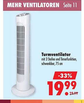Turmventilator mit 3 Stufen und Timerfunktion, schwenkbar, 75 cm