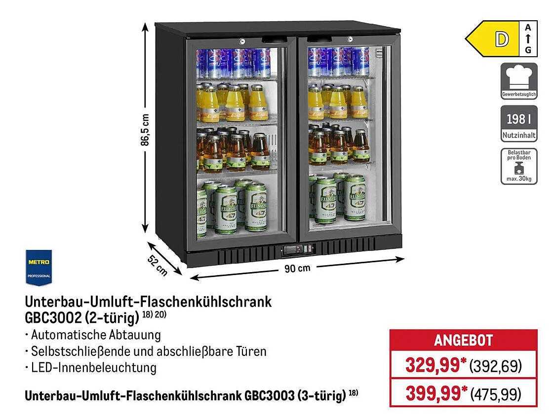 Unterbau-Umluft-Flaschenkühlschrank GBC3002 (2-türig)