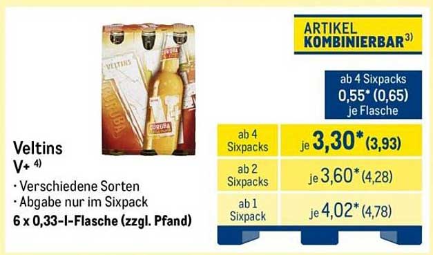 Veltins V+ 4) Verschiedene Sorten Abgabe nur im Sixpack 6 x 0,33-l-Flasche (zzgl. Pfand)