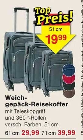 Weich-gepäck-Reisekoffer mit Teleskopgriff und 360°-Rollen, versch. Farben, 51 cm