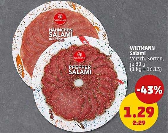 WILTMANN Salami Versch. Sorten, je 80 g (1 kg = 16.13)