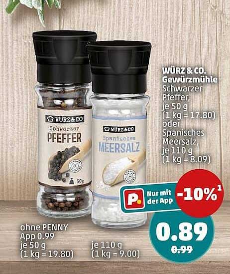 WÜRZ & CO. Gewürzmühle Schwarzer Pfeffer, je 50 g (1 kg = 17.80) oder Spanisches Meersalz, je 110 g (1 kg = 8.09)