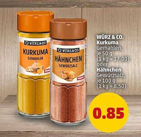 WÜRZ & CO. Kurkuma gemahlen, je 50 g (1 kg = 17.00) oder Hähnchen Gewürzsalz, je 100 g (1 kg = 8.50)