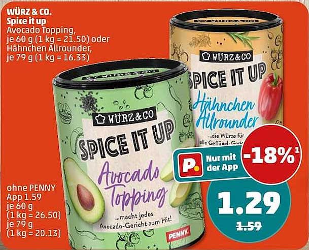 WÜRZ & CO. Spice it up Avocado Topping, je 60 g (1 kg = 21.50) oder Hähnchen Allrounder, je 79 g (1 kg = 16.33)