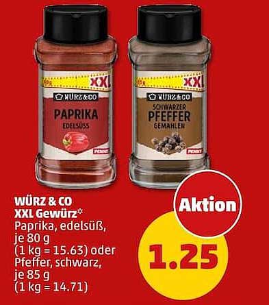 WÜRZ & CO XXL Gewürz* Paprika, edelsüß, je 80 g (1 kg = 15.63) oder Pfeffer, schwarz, je 85 g (1 kg = 14.71)