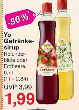 Yo Getränke-sirup Holunderblüte oder Erdbeere, 0,7l (1 l = 2,84) UVP 3,99