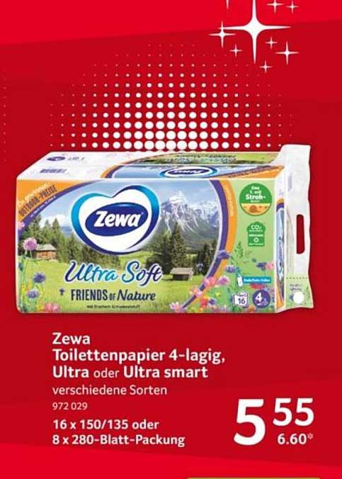 Zewa Toilettenpapier 4-lagig, Ultra oder Ultra smart verschiedene Sorten 972 029 16 x 150/135 oder 8 x 280-Blatt-Packung
