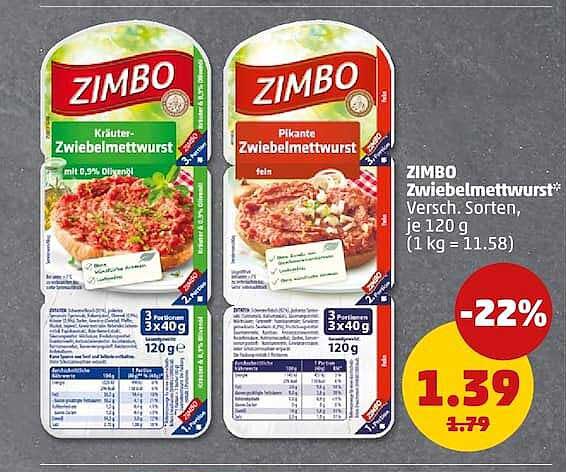 ZIMBO Zwiebelmettwurst* versch. Sorten, je 120 g (1 kg = 11.58)